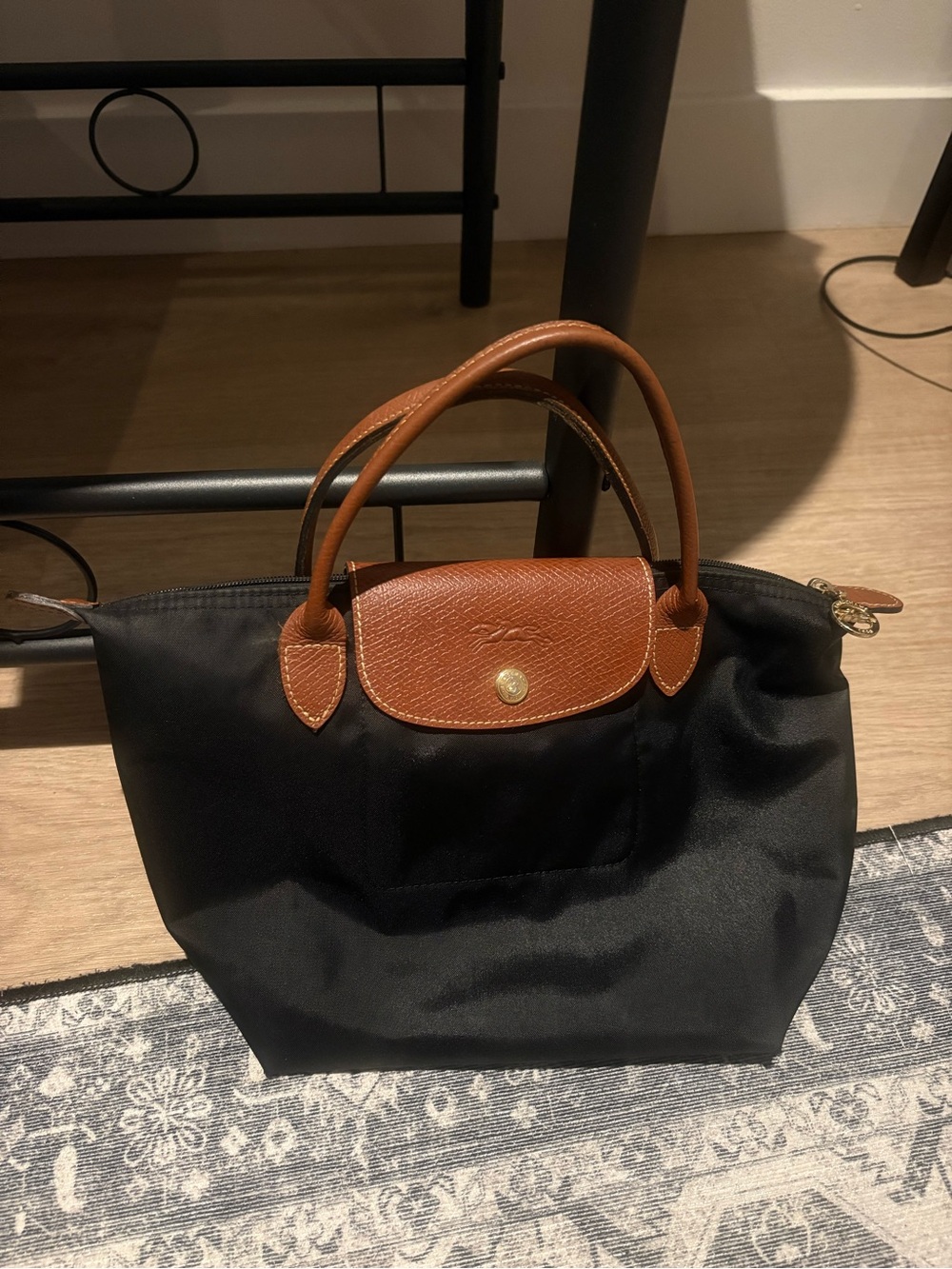 Longchamp Black Nylon Tote with Brown Leather Trim